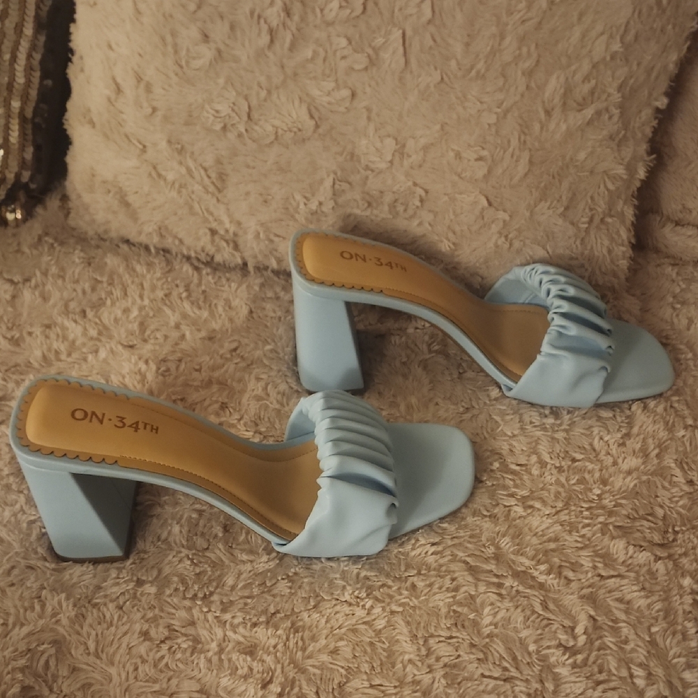 ON:34th Light Blue Heeled Mules